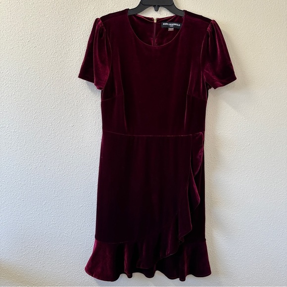 Karl Lagerfeld Velour Velvet Ruffle Hem Red Sheath Dress Sz 8 - Picture 2 of 14